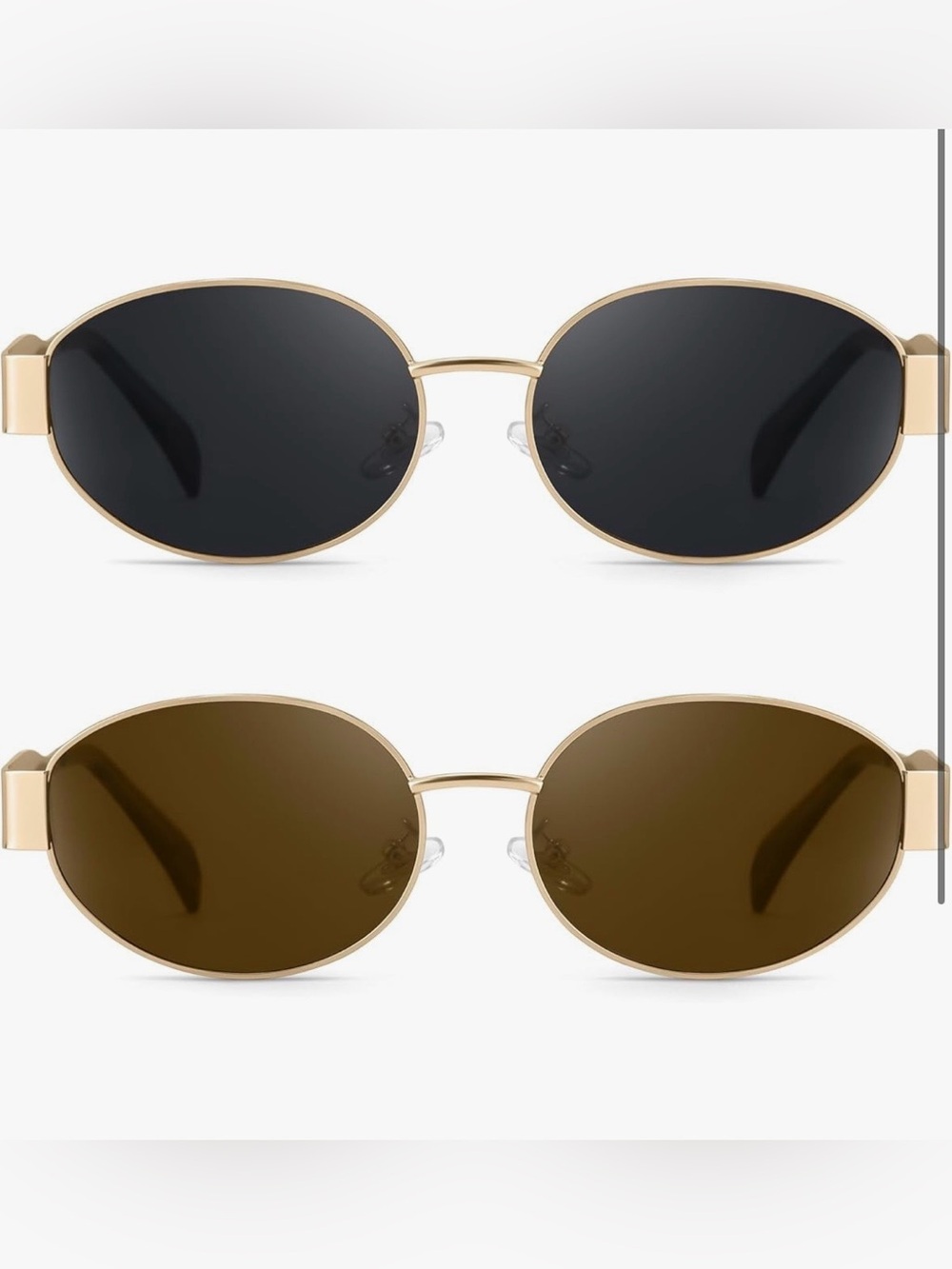 2x Gold Frame Oval Sunglasses with Black and Brown Lenses